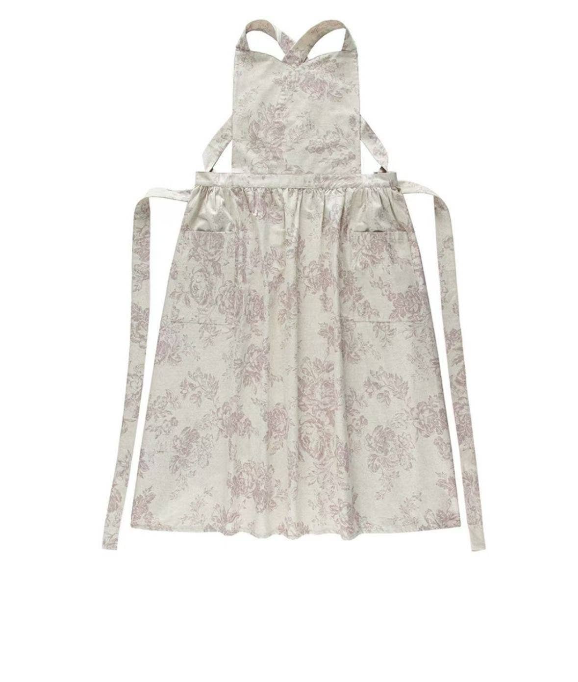Linen Floral Apron- Light Grey