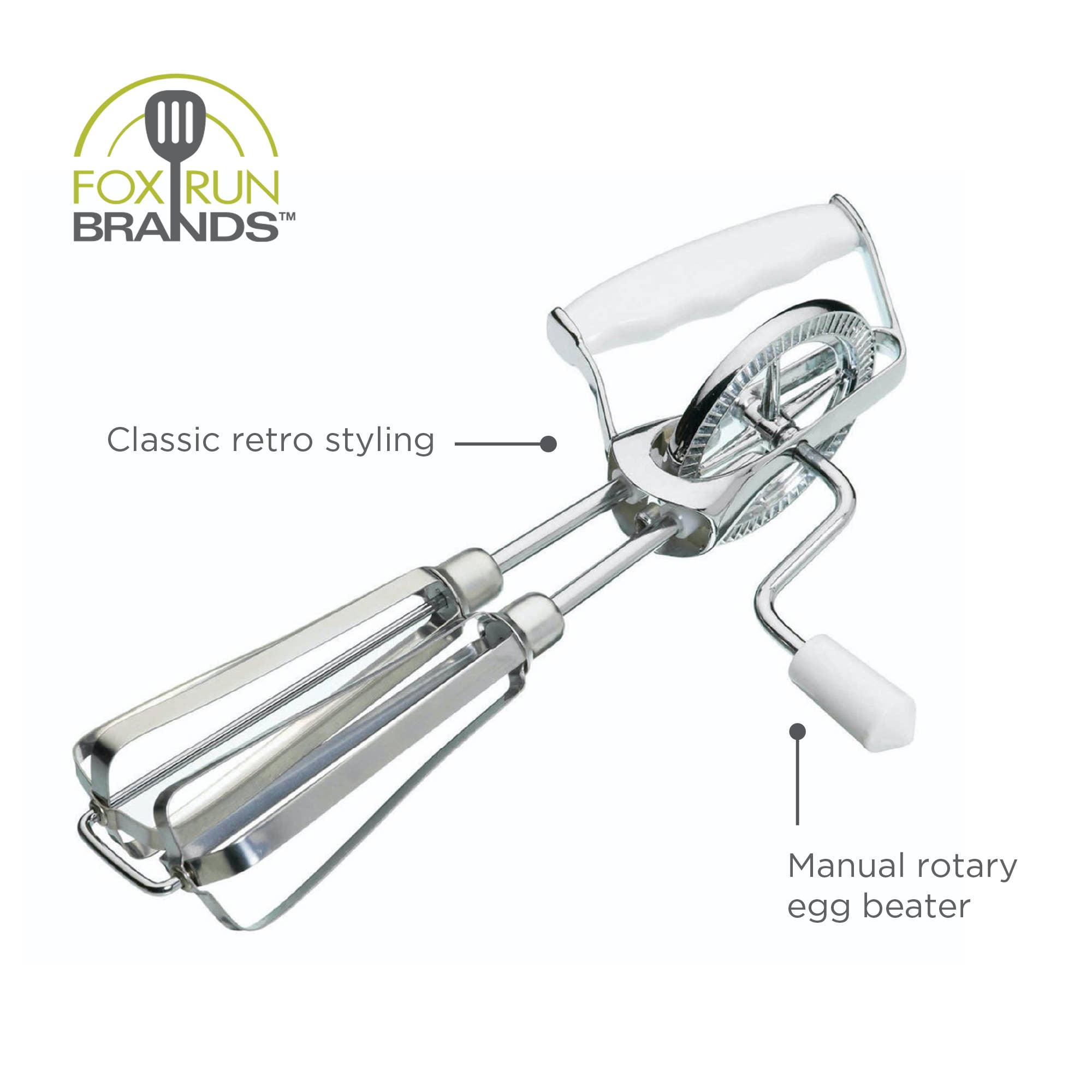 Fox Run Stainless Steel Manual Hand Mixer, White, 10" x 5"