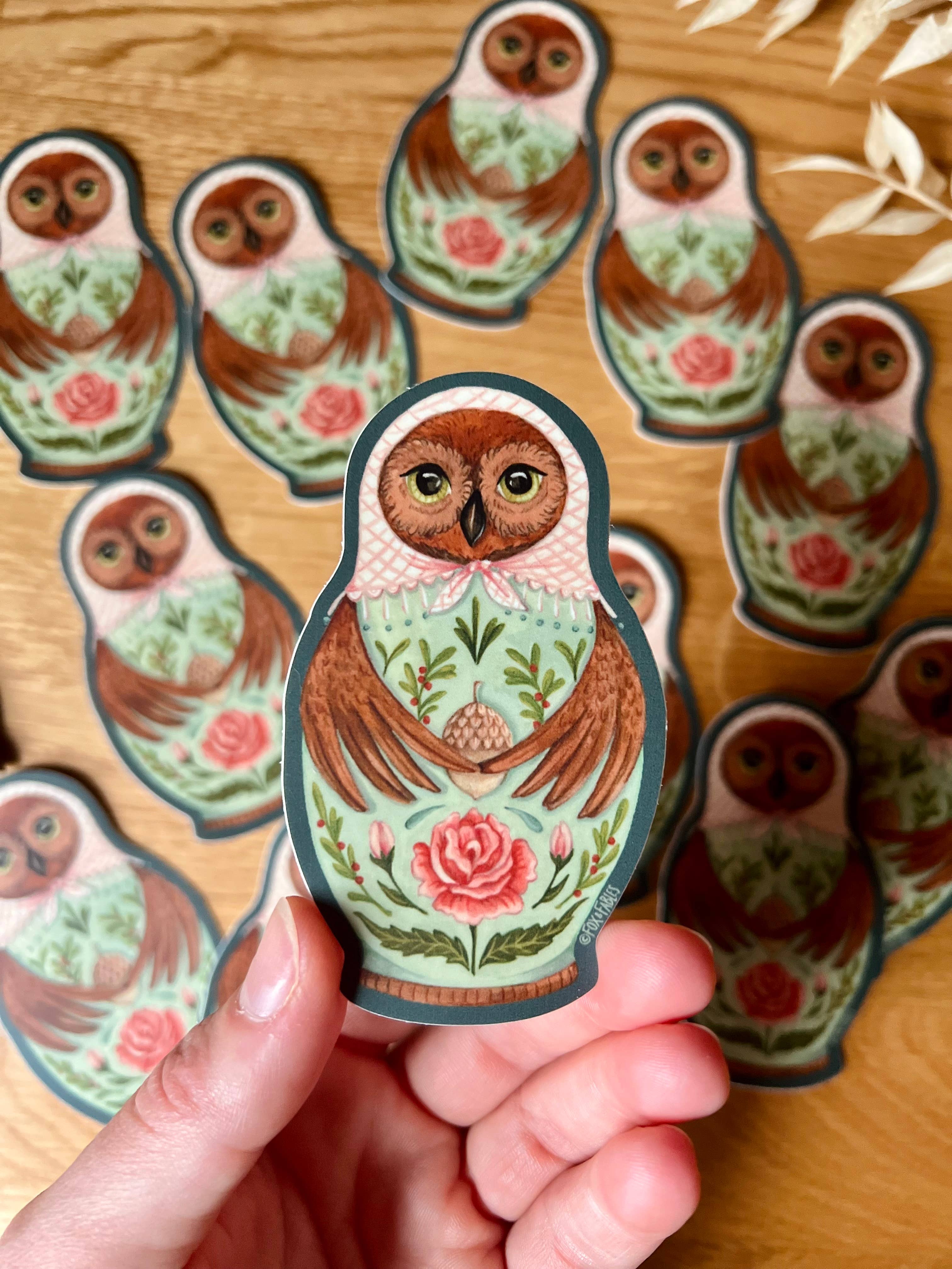 Folk Art Owl Character, Nesting Doll Art Sticker