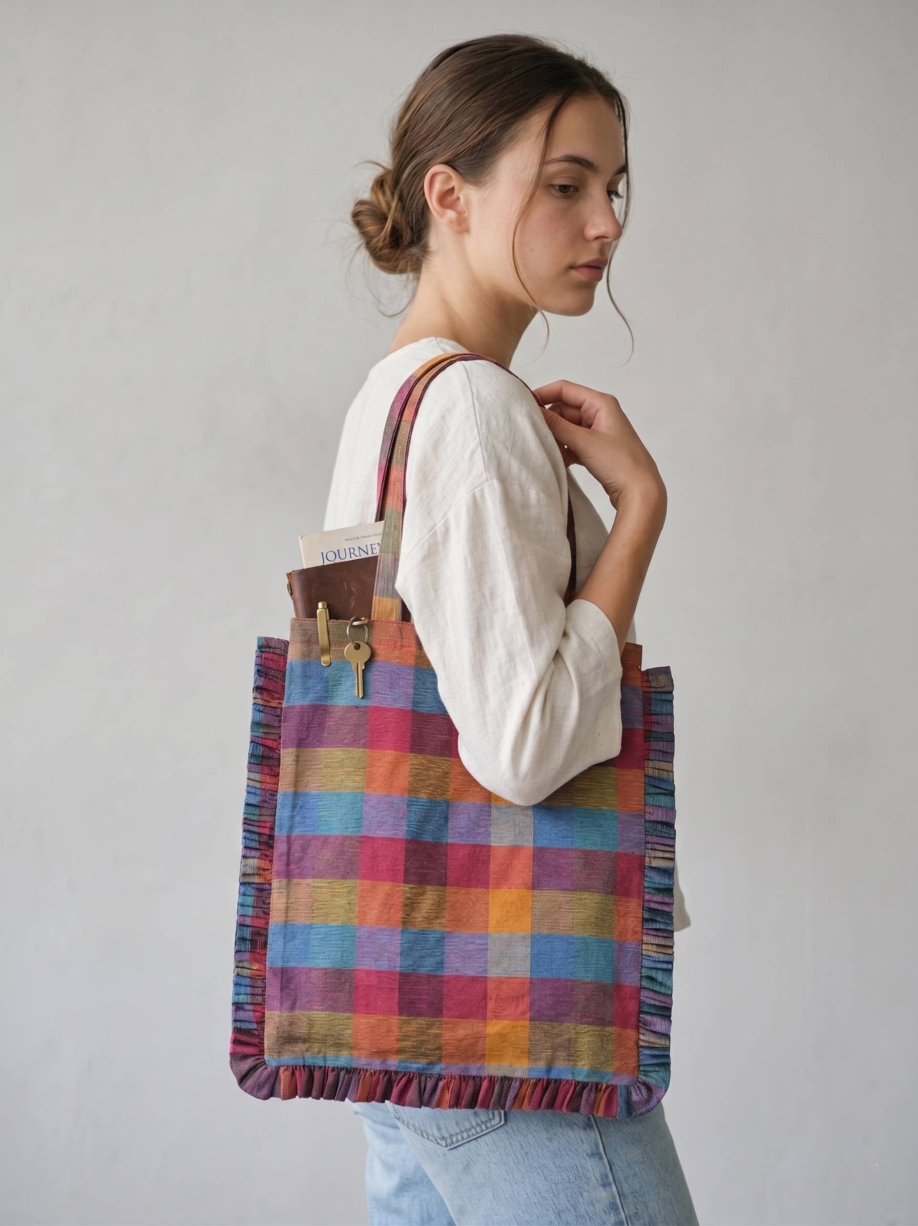 Madras Check Ruffle Tote Bag