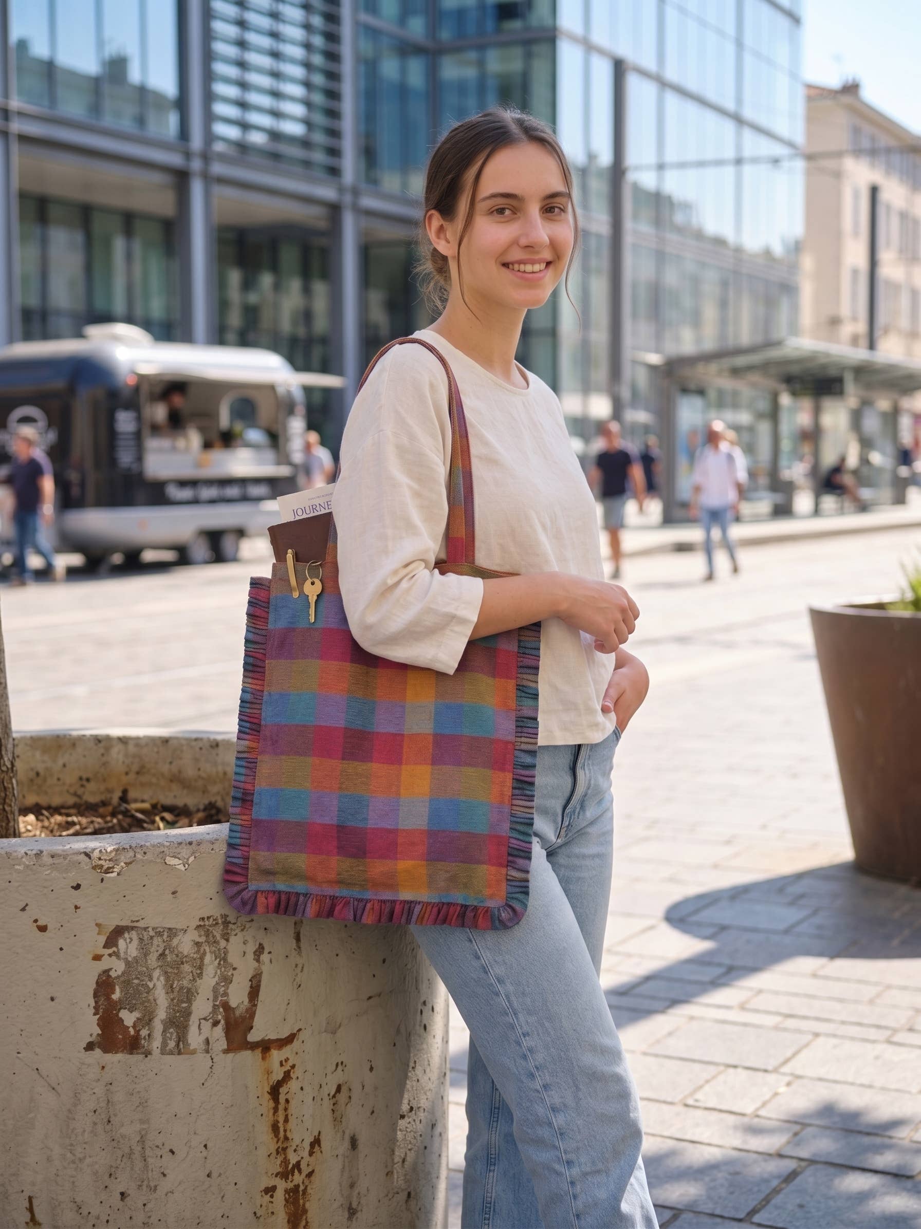 Madras Check Ruffle Tote Bag