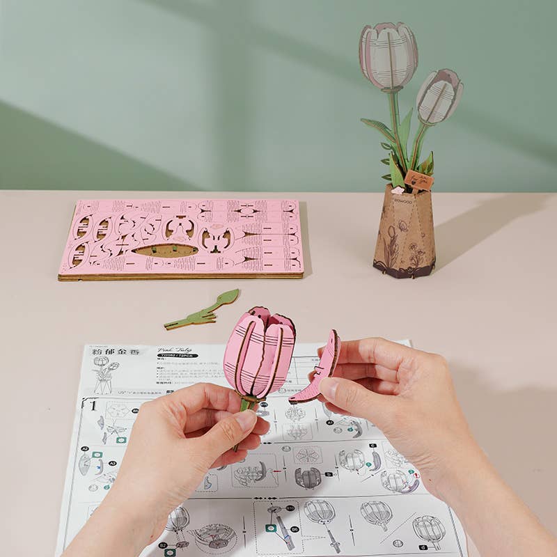 3D Wooden Flower Puzzle: Pink Tulip