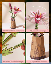 Pink Lily DIY Wooden Flower Bouquet 3D
