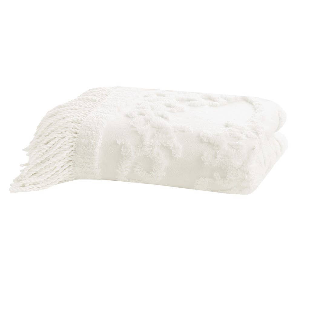 Fringed Tufted Throw Blanket, Boho Pattern, White