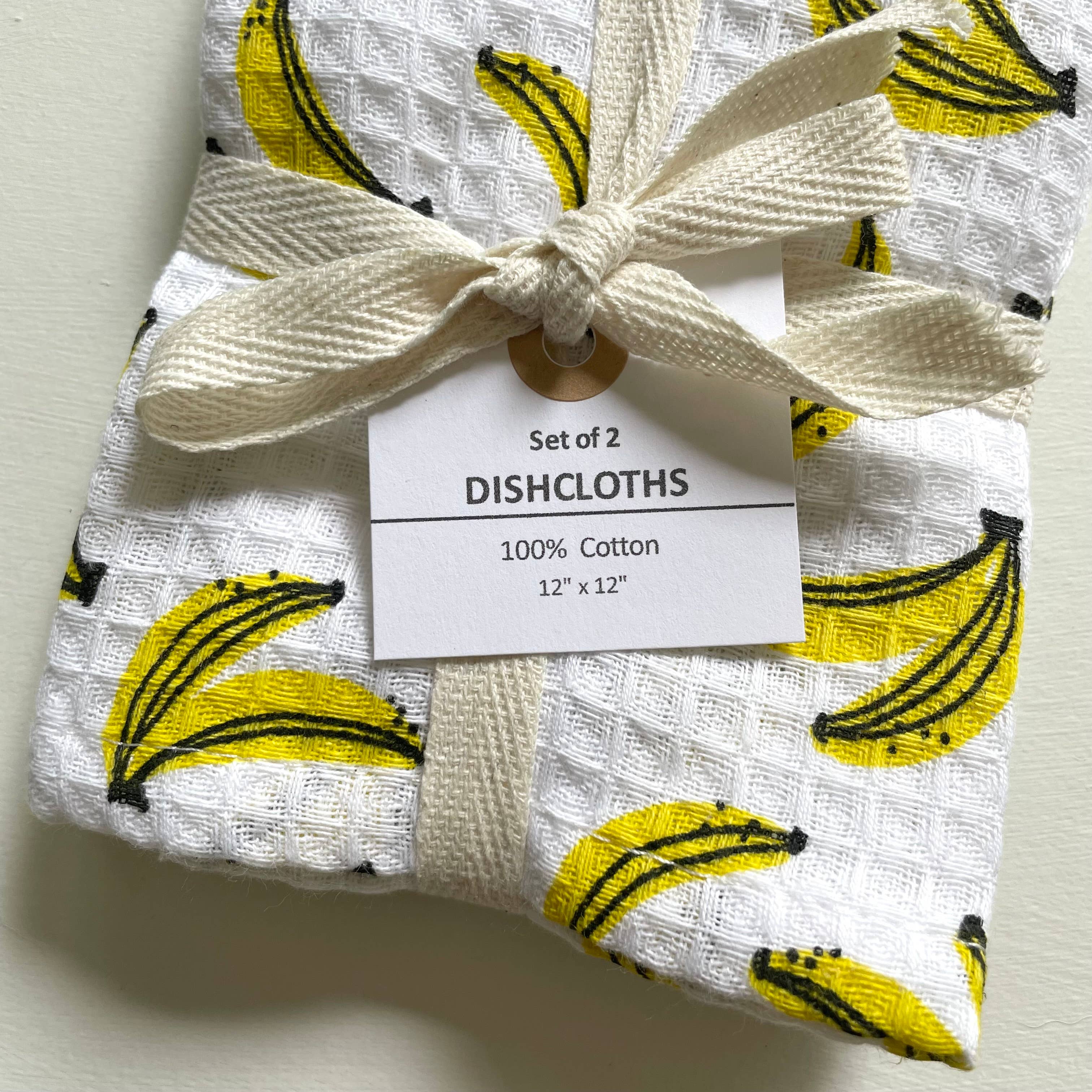 100% cotton banana and stripe kitchen dishcloths - set of 2