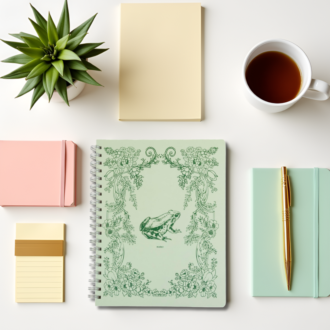 Frog Toile Spiral Notebook, 8x10 Stationary Journal