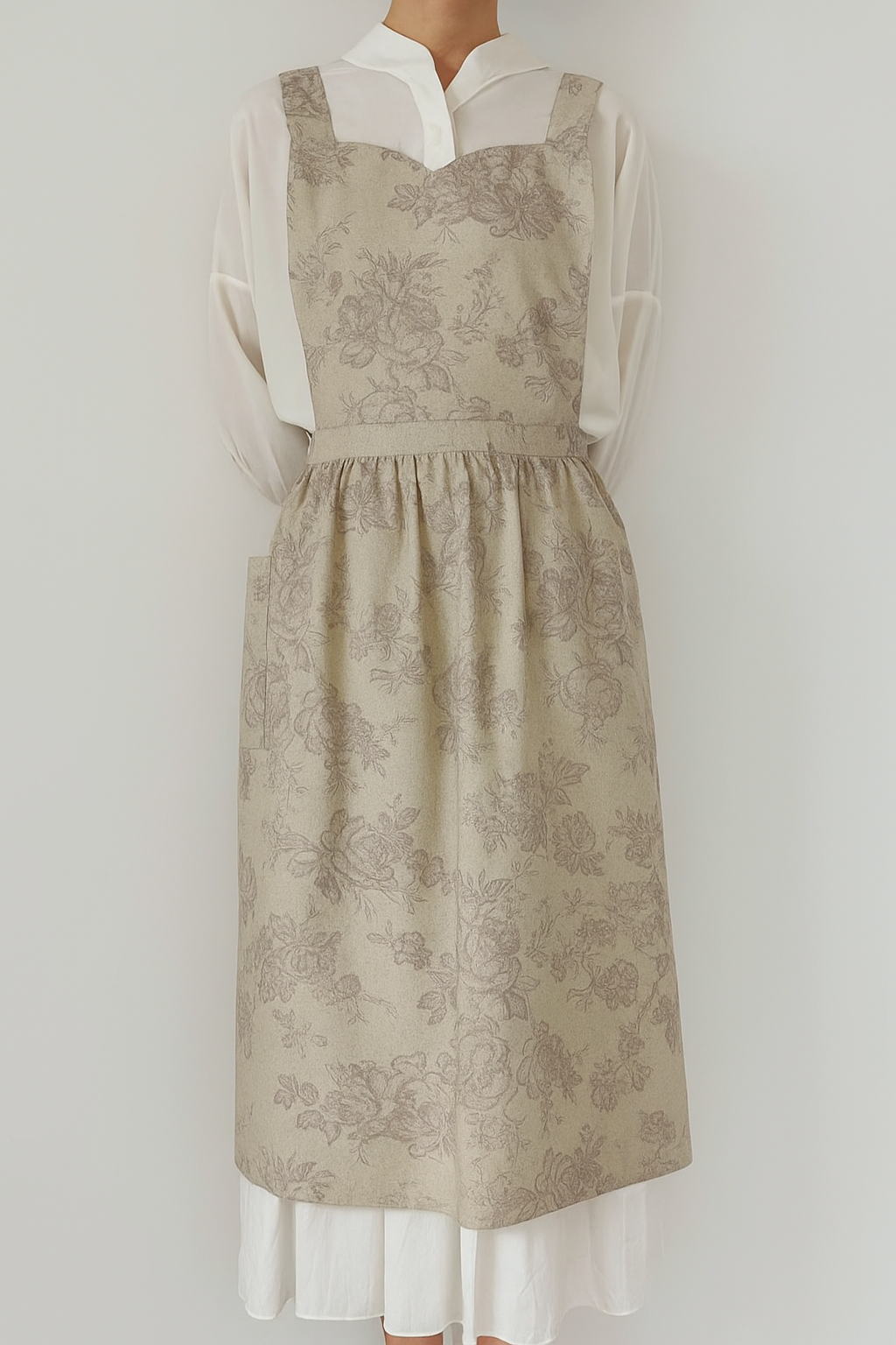 Linen Floral Apron- Light Grey