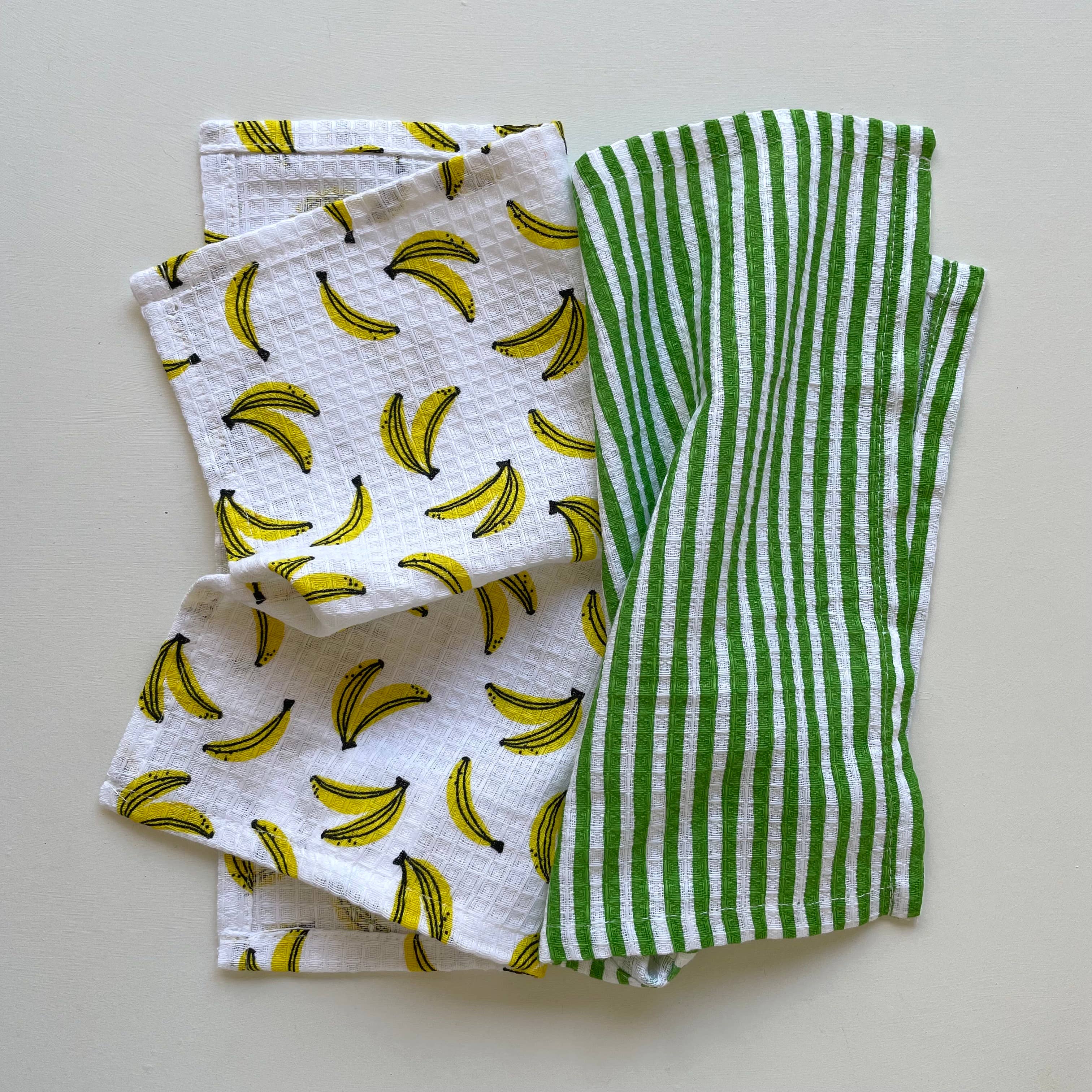 100% cotton banana and stripe kitchen dishcloths - set of 2
