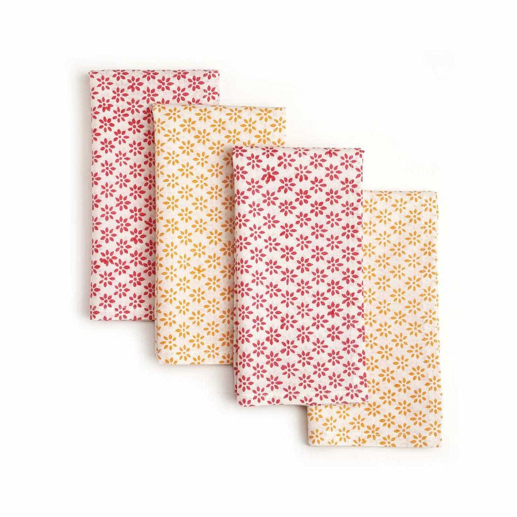Hand Block Printed Napkins, 18" x 18" Set of 4 - Cheerful  Red/Orange