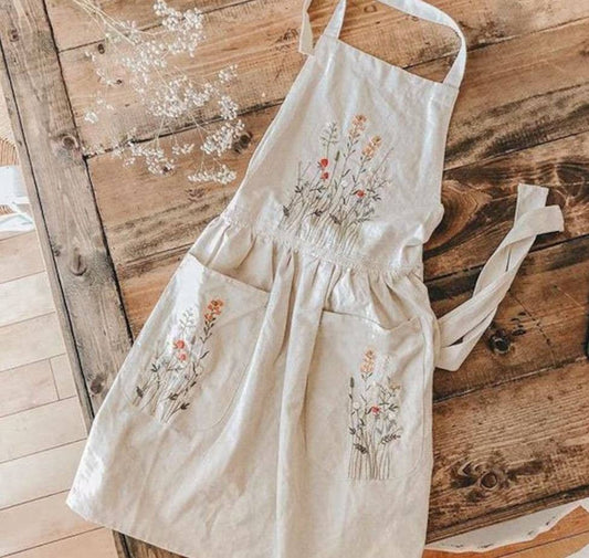 Natural Embroidered Floral Apron With Lace Trim- Gray Blue