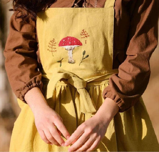 Linen Apron Dress For Women, Mushroom Apron Embroidered- Mustard